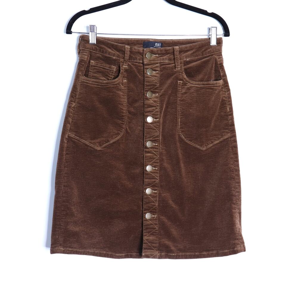 Kut from the Kloth Corduroy Button Front Skirt Brown Knee Length Women's 0 - Picture 1 of 9